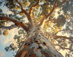 Tall mottled tree reaching skyward, looking up