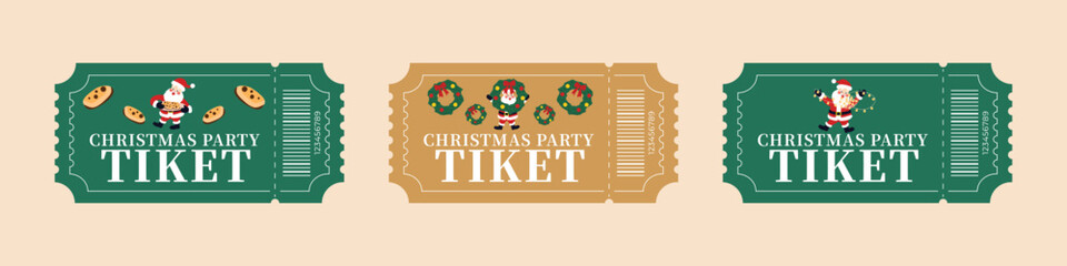 Set of Christmas entrance tickets &mdash; festive cartoon design with Santa Claus, cookies, wreath, christmas tree and Christmas lights. Cute vector holiday illustration in red, green, and gold colors