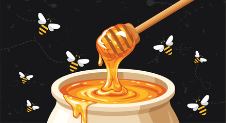Sweet golden honey dripping from dipper surrounded by busy cartoon bees against a dark background