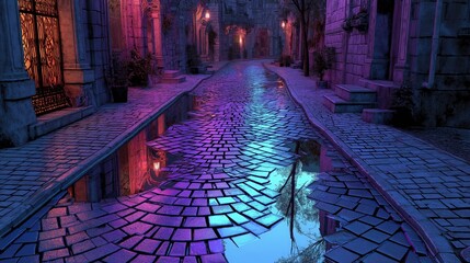 Narrow cobblestone alley at dusk with blue-magenta reflections in puddles and soft ambient lights creating a mysterious quiet mood Concept of atmospheric urban solitude