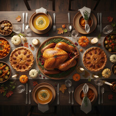 A festive Thanksgiving dinner table with a roasted turkey, autumn sides, pies, pumpkins, and warm seasonal décor. Cozy holiday atmosphere captured in a styled food scene.