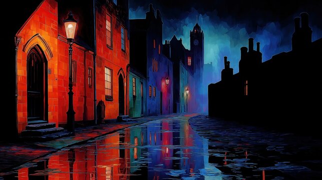 Moody old european street glowing with red and blue night lights reflecting on wet cobblestones and atmospheric fog Concept of cinematic nocturnal mystery