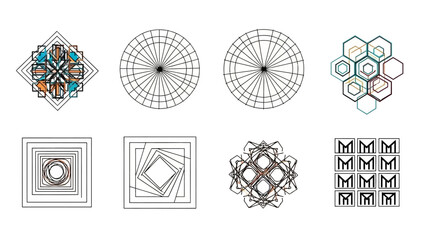 Collection of abstract geometric patterns and designs on a white background displaying technical