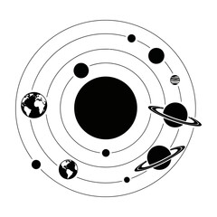 Minimalist black and white illustration of a celestial system, depicting planets in orbit around a central star, symbolizing cosmic motion and the vastness of the universe