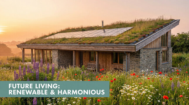 A sustainable home with a grass roof and solar panels nestles in a vibrant meadow bathed in the ethereal glow of early morning. Flowers flourish around the eco-conscious dwelling.