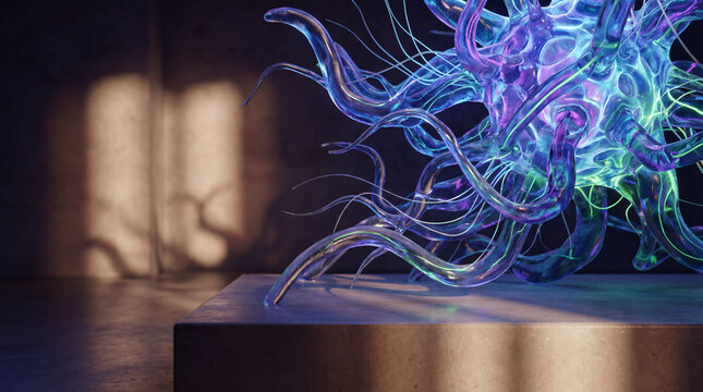 A mesmerizing glass creation blooms with vibrant hues. Tentacles dance under sunbeams, exhibiting an otherworldly elegance against a stark, atmospheric backdrop. - Powered by Adobe