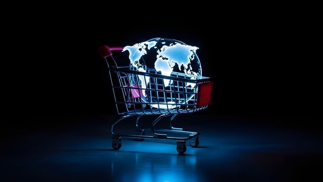 Global shopping cart with world map glowing blue - Powered by Adobe