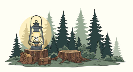 Vintage glowing kerosene lantern illuminates cozy campsite gear next to deep forest silhouettes