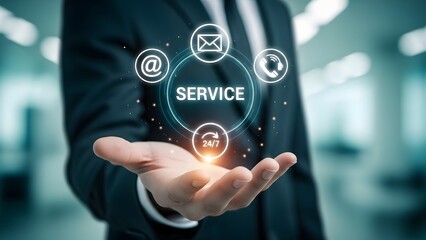 Businessman presenting service options with digital icons above hand