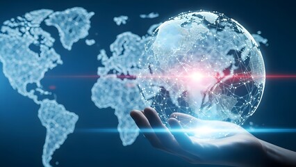 Hand holding digital globe with world map projection