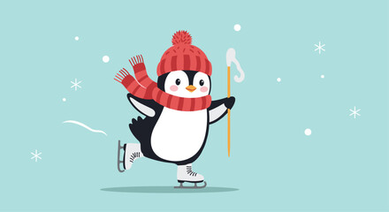 Adorable cartoon penguin happily ice skating while wearing a cozy red knit hat and scarf during winter