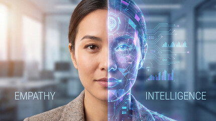 A woman's face is split in half. One side shows her human face, representing empathy, while the other is a digital interface, representing intelligence.