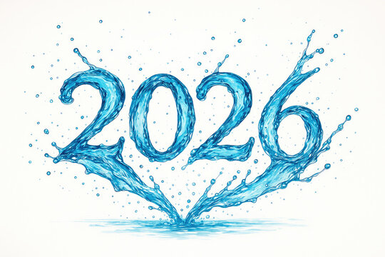 Water splashes form the numbers representing the year 2026 in a creative design