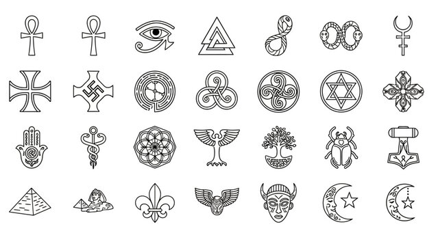 Diverse collection of symbolic drawings representing various cultures and beliefs