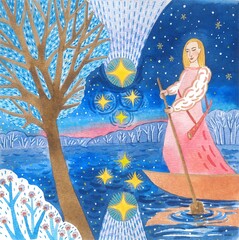 Hand-drawn watercolor illustration.
An angel sails on a boat along a river.
A beautiful image for your print.