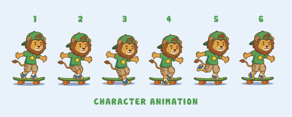Pixel art character animation of a cute lion skateboarding