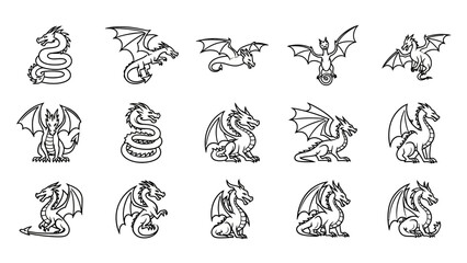 Collection of outlined drawings showcasing various dragon poses and wing designs in black and white