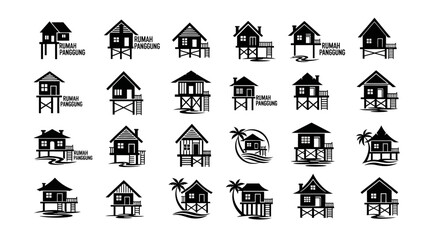 Set of various unique stilt house illustrations showing various styles and construction details