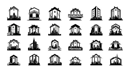 Elegant penthouse logo collection featuring silhouette buildings and cityscape in vector format