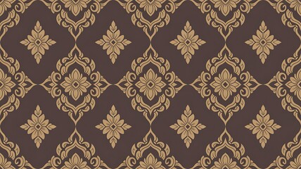 Intricate damask pattern with gold and brown tones on a dark background repeating textile design