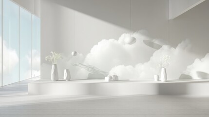 A minimalist interior with a cloudy background and white elements is the visual style of Cloud Dancer.