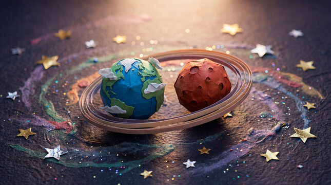Handmade paper models of planet Earth and Mars rest on a swirling painted galaxy, surrounded by golden star decorations. They appear close in orbit, like celestial neighbors.