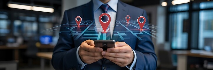 Business man using mobile application for navigation and location services