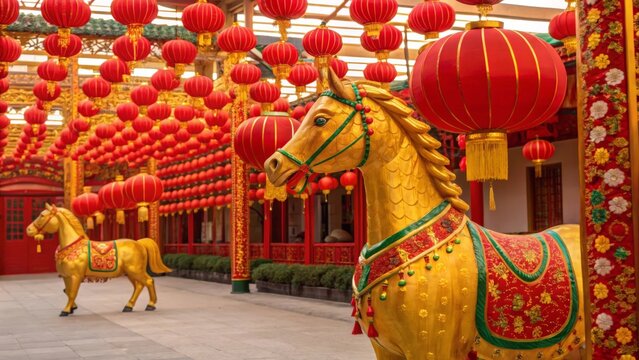 Golden Horse Statue With Red Lanterns For Chinese New Year Celebration - Powered by Adobe