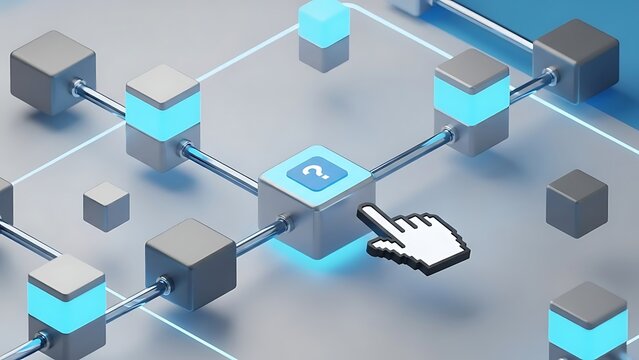 Blockchain technology network with question mark and cursor for assistance