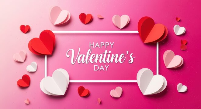 Happy valentines day greeting card with many red, pink and white paper hearts surrounding a white frame on a pink gradient background