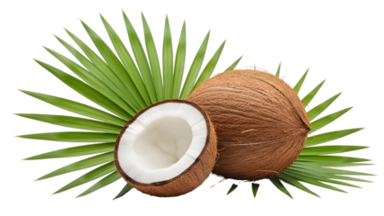 Whole and Halved Coconut with Palm Leaves Keywords: coconut, tropical, fruit, food, drink, whole isolated on a transparent background