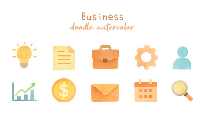 Business doodle icon watercolor style vector isolated bundle set. Pastel color finance icons collection for asset, design, application, elements
