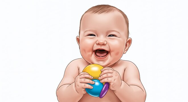Adorable joyful baby with chubby cheeks and dimples laughing heartily holding colorful baby toys in a studio setting