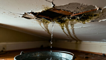 Water stains have formed on the ceiling with moisture dripping down in a home setting. The condition highlights potential plumbing or roof issues
