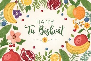 Happy Tu Bishvat Greeting Card With Colorful Fruit Border, Floral Elements, and Fresh Vibe

