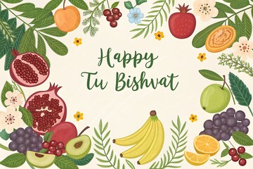Happy Tu Bishvat Greeting Card With Colorful Fruit Border, Floral Elements, and Fresh Vibe

