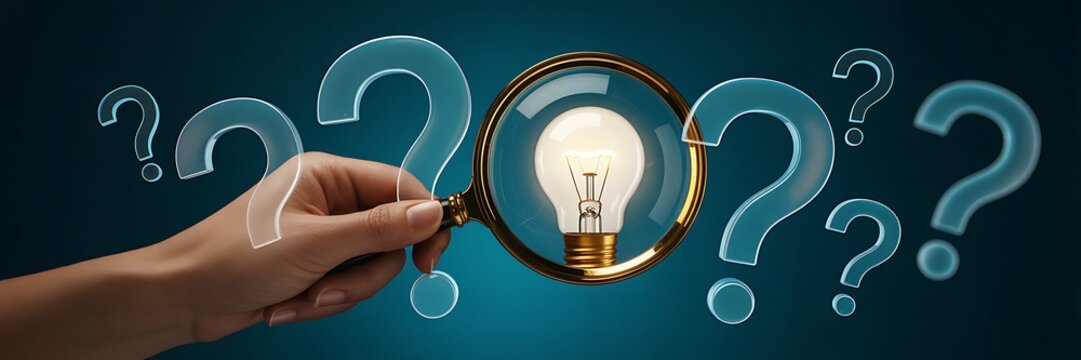 Exploring Ideas Searching for Answers Question Marks and Glowing Light Bulb - Powered by Adobe