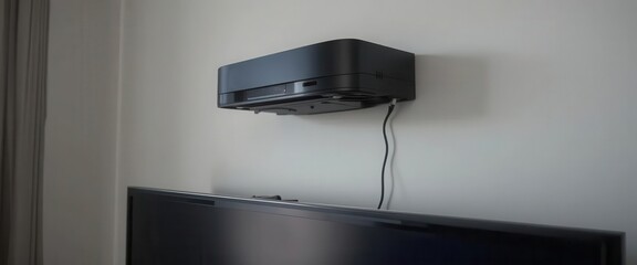 A sleek black device mounted above a television, featuring a minimalist design and visible cable, suggesting modern technology and home entertainment.