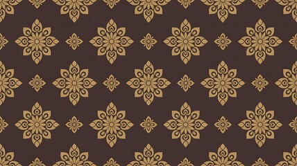 Intricate golden floral motif pattern on a rich dark brown background elegant decorative textile design seamless repeating ornamental texture