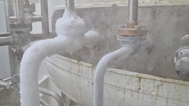Extremely cold industrial pipes covered in thick white ice, with dense cryogenic vapor emerging from the freezing fittings and valves of the pipeline system in a chemical plant