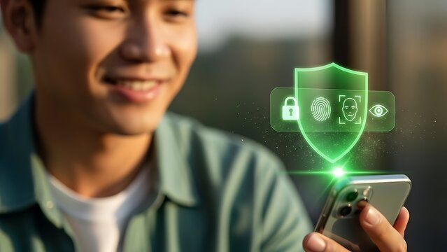 Man using mobile phone with face recognition and fingerprint scanner technology