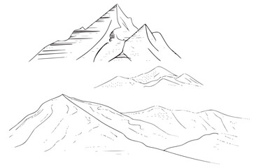Black and white line art drawing of mountain ranges