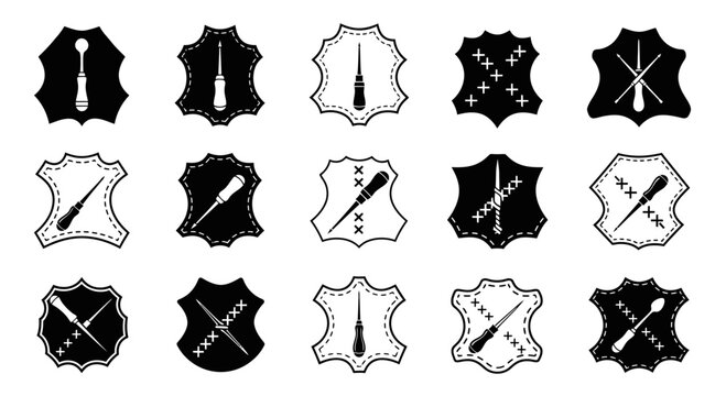 Collection of black and white leather crafting icons showcasing stitching and hand tools concept