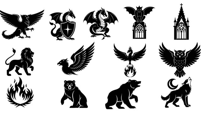 Collection of Mythical and Fictional Creatures Black Silhouette Vector Illustration