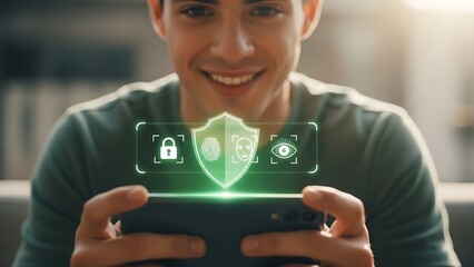 Young man using biometric authentication on smartphone for enhanced security