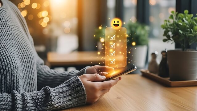 Woman using smartphone for tasks and enjoying positive feedback online