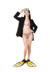 Businesswoman with diving mask and flippers on white background