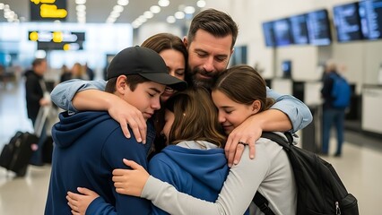 Family embraces at the airport, expressing joy and affection after a reunion, surrounded by luggage.
