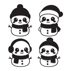 Monochrome Snowman Character Collection. Minimalist Winter Holiday Icon Set, Black and White Christmas Mascot Clipart, Vector Graphics