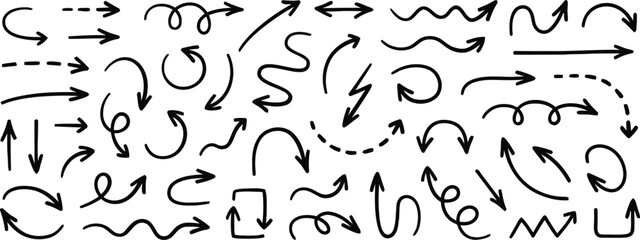 arrow, direction, pointer, symbol, doodle, hand drawn, sketch, drawing, graphic, design, element, icon, isolated, white background, curved, straight, dashed, zigzag, swirl, loop, square, up, down, lef